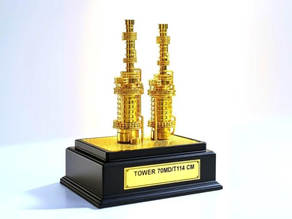 oil refinery tower miniature, brass refinery model, oil and gas collectible gift, custom refinery tower model, executive corporate award, refinery tower brass gift, energy industry souvenir, oil and gas recognition gift, brass miniature tower, customizable refinery miniature