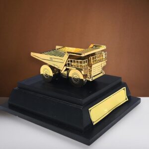 brass mining truck miniature, customizable mining gift, mining dump truck model, corporate award mining industry, brass industry collectible, mining executive desk gift, personalized mining souvenir, wooden box corporate gift