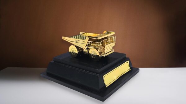 brass mining truck miniature, customizable mining gift, mining dump truck model, corporate award mining industry, brass industry collectible, mining executive desk gift, personalized mining souvenir, wooden box corporate gift