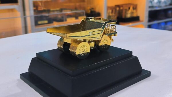 brass mining truck miniature, customizable mining gift, mining dump truck model, corporate award mining industry, brass industry collectible, mining executive desk gift, personalized mining souvenir, wooden box corporate gift